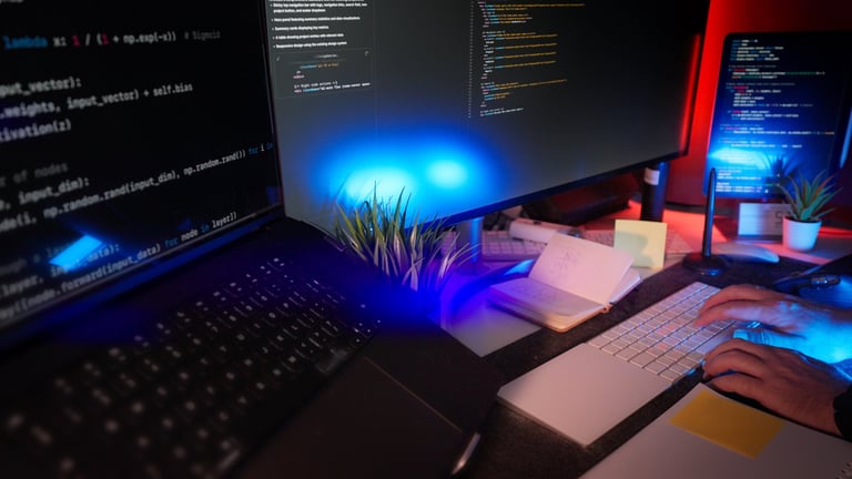Programmer workspace with multiple screens and RGB lighting representing tech-forward hustle